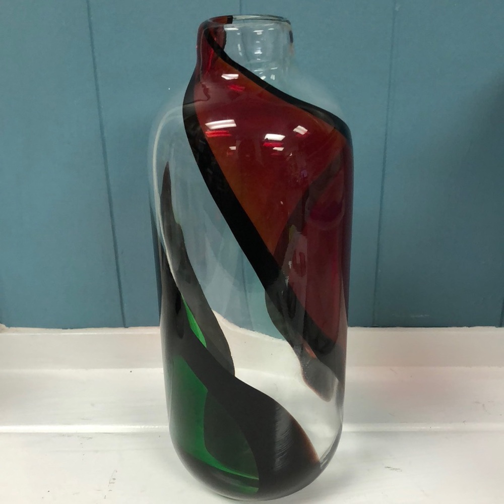 Dale Tiffany Favrile Hand Blown Art Glass‎ 10” Vase Green Red Black Clear